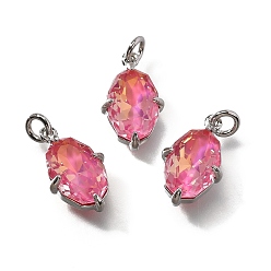 Темно-Розовый Латунь прелести, овальные, со стеклом и петлей, долгоиграющий, без свинца и без кадмия, платина, граненые, темно-розовыми, 13.5x8.5x4.5 мм, отверстие : 2 мм