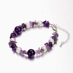 Amethyst Natürlichen Amethyst Perlen Armbänder, mit strukturierten Messingperlen und Karabinerverschlüssen, 182 mm