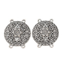 Античное Серебро Тибетский стиль сплава многожильных ссылки, 4 контур, полые плоские круглые с цветком, античное серебро, 34x30x4.5 мм, отверстие : 2 мм, Около 213 шт / 1000 г