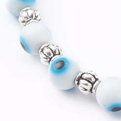 White Handmade Round Evil Eye Lampwork Beaded Stretch Bracelets, with Alloy Spacer Beads, Antique Silver, White, Inner Diameter: 2 inch(5.2cm)