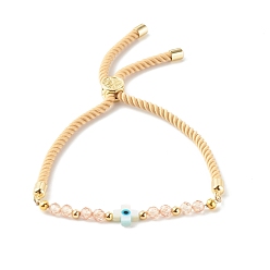 Yellow Adjustable Cubic Zirconia Beads Nylon Thread Slider Bracelets, with Natural White Shell and Synthetic Turquoise, Cross with Evil Eye, Yellow, 0.28cm, Inner Diameter: 3/4 inch(1.8~7cm)