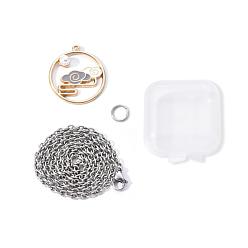 Шифер Серый Ожерелья с подвесками из сплава в китайском стиле, с 304 кабельными цепочками из нержавеющей стали, эмаль и абс пластик имитация жемчуга, плоские круглые с облаком, шифер серый, 20 дюйм (50.8 см)