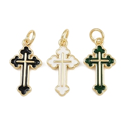 (52) Непрозрачная лаванда Латунь эмаль подвески, крест прелести, с прыжковых колец, стойки покрытие, реальный 18 k позолоченный, без свинца и без кадмия, долговечный, разноцветные, 18x10x2 мм, отверстие : 3.5 мм