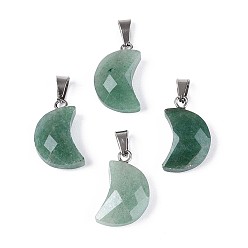 Зеленый Авантюрин Естественный зеленый авантюрин подвески, обереги граненой луны, с защелкой из нержавеющей стали на поручнях, цвет нержавеющей стали, 18.5~19.5x10~11.5x5.5~6 мм, отверстие : 6x2.5 мм