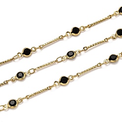 Black Handmade Brass Bar Link Chains, with Glass and Spool, Long-Lasting Plated, Soldered, Golden, Black, Link: 13x1.8x1mm