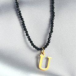 Letter U 304 подвеска из нержавеющей стали с инициалом, ожерелья из граненых круглых бусин черного стекла для женщин, золотые, Буква U, 15.35 дюйм (39 см)