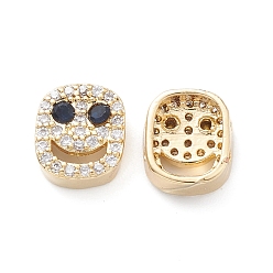 Dark Blue Brass Micro Pave Cubic Zirconia Beads, Lead Free & Cadmium Free, Long-Lasting Plated, Real 18K Gold Plated, Oval with Smiling Face, Dark Blue, 9x8x4mm, Hole: 1mm