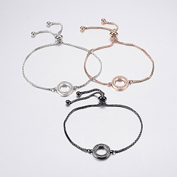 Mixed Color Adjustable Brass Micro Pave Cubic Zirconia Bolo Bracelets, Slider Bracelets, with Brass Box Chains, Ring, Mixed Color, 10-1/4 inch(260mm)