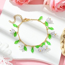 Сливовый Латунные звенья цепи браслеты с подвесками, браслеты с подвесками в виде цветка из акрила для женщин, с АБС-пластиком и стеклянными бусинами, слива, 7-3/8 дюйм (18.6 см)