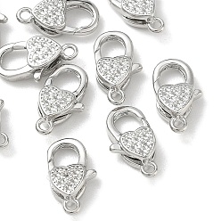 Platinum SHEGRACE Brass Micro Pave Clear Cubic Zirconia Lobster Claw Clasps, Heart, Cadmium Free & Lead Free & Nickel Free, Platinum, 13x7x4mm, Hole: 1.2mm