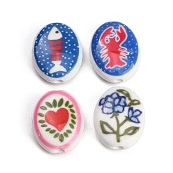 Mixed Color Printed Handmade Porcelain Beads, Oval, Mixed Color, 21x17~17.5x7.5mm, Hole: 2.5~3mm