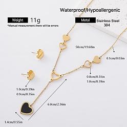 Golden 304 Stainless Steel Heart Stud Earrings & Tassel Necklaces Sets for Women, Golden, 19.69 inch(50cm)
