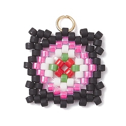 Лиловый Подвески из стеклянных бусин ручной работы в форме решетки на окна, с 304 петлей из нержавеющей стали, сирень, 16.5x16.5x1.5 мм, отверстие : 3 мм