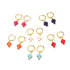 (52) Непрозрачная лаванда Серьги-подвески из латуни, с синтетическим бирюзовый кулон, крестик, золотые, разноцветные, 29.5 мм, штифты : 1 мм, крест: 14.5~15x8x3.5 мм