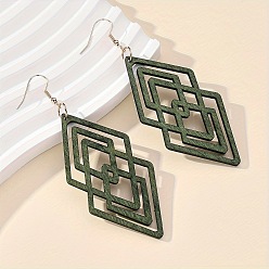 Dark Olive Green Hollow Iron Wood Dangle Earrings for Women, Rhombus, Golden, Dark Olive Green, 90x35mm