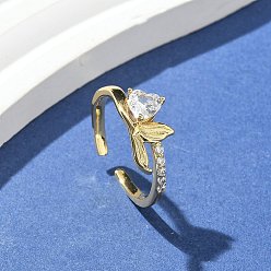 Настоящее золото 18K Манжеты-кольца из прозрачного кубического циркония в форме рыбьего хвоста с сердцем, украшения из латуни для женщин, долговечный, стойки покрытие, без свинца и без кадмия, реальный 18 k позолоченный, 7.5 мм, внутренний диаметр: 17 мм