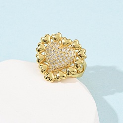 Прозрачный Регулируемые латунные кольца-манжеты с микропаве из кубического циркония для женщин, сердце, реальный 16 k позолоченный, прозрачные, 22.5x24 мм, регулируемый