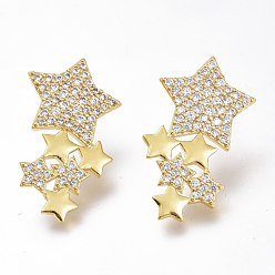 Golden Brass Micro Pave Clear Cubic Zirconia Star Stud Earrings, with Plastic Ear Nuts, Long-Lasting Plated, Golden, 30x16.5mm, Pin: 0.8mm