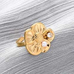 Прозрачный 304 регулируемые манжеты из нержавеющей стали для женщин, цветок, с искусственным жемчугом и микропаве из кубических цирконий, золотые, прозрачные, Цветок: 18x20 мм, внутренний диаметр: регулируемый