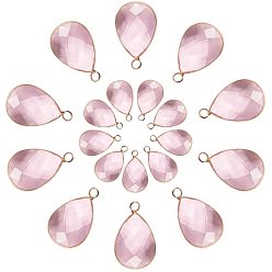 Pearl Pink Glass Pendants, with Brass Findings, Faceted, teardrop, Pearl Pink, 14~22x7.5~13.5x4~6mm, Hole: 2.5mm, 20pcs/box