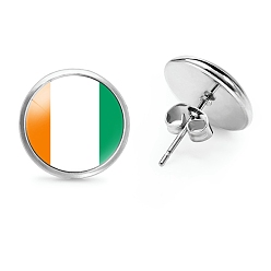 Белый Плоские круглые стеклянные серьги-гвоздики на тему национального флага, серьги из платинового сплава, белые, 12 мм