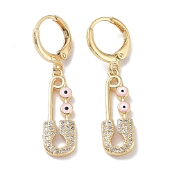 Pink Golden Brass Dangle Leverback Earrings, with Enamel and Cubic Zirconia, Safety Pin with Evil Eye, Pink, 36.5x8mm
