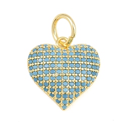 Plaqué 18K Or Véritable Pendentifs en laiton micro pavé de zircons cubiques bleu ciel, charmes de coeur, réel 18 k plaqué or, 16x15x5mm, Trou: 3.2mm