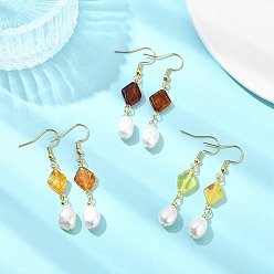 Золотой Серьги-подвески из натурального янтаря и натурального культивированного пресноводного жемчуга, с 304 нержавеющей стали серьги крючки, ромб с овалом, золотые, 51~53x9~10 мм