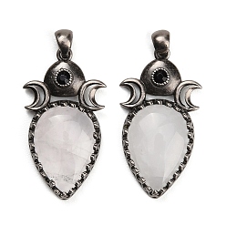 Quartz Crystal Natural Quartz Crystal Pendants, Brass Rhinestone Triple Moon Teardrop Bezeled Charms, Antique Silver, 44x24x7mm, Hole: 5x5mm
