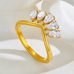 Золотой 304 женские кольца из нержавеющей стали и кубического циркония, слеза, золотые, размер США 7 (17.3 мм)