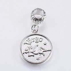 Virgo Alloy European Dangle Charms, Large Hole Pendants, Constellation/Zodiac Sign, Platinum, with Word Practical, Virgo, 33mm, Hole: 4.5mm, Pendant: 20.5x17.5x2mm