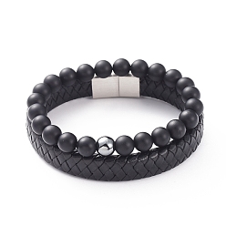 Немагнитные Гематит Браслеты из эластичного браслета и браслеты из кожи, штабелируемые браслеты, бусины из синтетического немагнитного гематита и натурального агата, 304 магнитные застежки из нержавеющей стали и картонная коробка, 2-1/8 дюйм (5.5 см), 8-1/4 дюйм (21 см), 2 шт / комплект