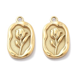 Настоящее золото 18K Вакуумное покрытие pvd 304 подвески из нержавеющей стали, овальная с цветочным узором, реальный 18 k позолоченный, 20x12x2.5 мм, отверстие : 1.6 мм