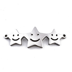 Stainless Steel Color Tarnish Resistant 304 Stainless Steel Link Connectors, Laser Cut, Star with Smiling Face, Stainless Steel Color, 11x30x1.5mm, Hole: 1mm