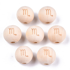 Scorpio Unfinished Natural Wood European Beads, Large Hole Beads, Laser Engraved Pattern, Round with Constellation, Scorpio, 15~16x14~15mm, Hole: 4mm