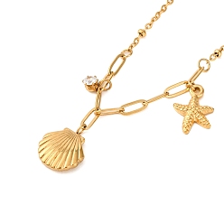 Настоящее золото 18K Ионное покрытие (ip) летний пляж 304 нержавеющая сталь прозрачный кубический цирконий спутниковые цепочки ожерелья, ожерелья с подвесками в виде ракушек и морских звезд для женщин, реальный 18 k позолоченный, 17.91 дюйм (45.5 см)