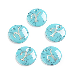 Letter Y Synthetic Turquoise Charms, with Plastic Letter, Flat Round, Letter.Y, 15x2mm, Hole: 1.5mm