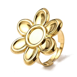 Настоящее золото 18K Регулируемые 304 открытые манжетные кольца из нержавеющей стали, настройки кольца чашки безеля, цветок, ионное покрытие (ip), реальный 18 k позолоченный, лоток : 8 мм, внутренний диаметр: 18 мм, Цветок: 29x26 мм