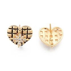 Golden Brass Clear Cubic Zirconia Stud Earring Findings, with Vertical Loops, Heart with Star, Cadmium Free & Nickel Free & Lead Free, Golden, 13.5x15mm, Pin: 0.7mm