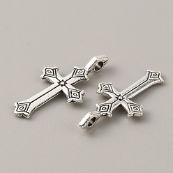 Antique Silver Tibetan Style Alloy Pendants, Cross Charm, Religion, Antique Silver, 23x12x3.5mm, Hole: 2mm