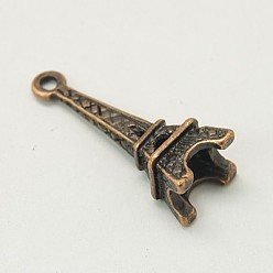 Красная Медь Сплавочные подвески тибетского стиля, Эйфелева башня, шармы для создания браслетов , без свинца и без никеля и без кадмия , Красная медь, 24x8x7 мм, отверстие : 1.5 мм