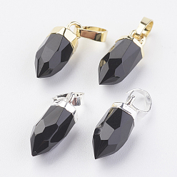 Black Agate Natural Black Agate Pointed Pendants, with Brass Findings, Faceted, Bullet, Mixed Color, 15x5~5.5mm, Hole: 4x6mm