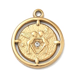 Золотой Кованые 304 подвески из нержавеющей стали, плоская круглая форма с двойными подвесками в виде ангелов, со стразами, ионное покрытие (ip), долговечный, золотые, 23.5x20x2 мм, отверстие : 1.7 мм