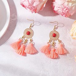 Легкий Лосось Плоские круглые 304 серьги-люстры из нержавеющей стали с кисточками из поликоттона, с латунными звеньями-элементами люстры цвета синтетической бирюзы, окрашенными в паве, и латунными проставками, золотые, светлый померанцевый, 74 мм