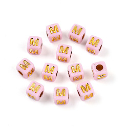 Letter M Покрытие акриловыми шариками, куб с письмом, золотой металл обвитыми, Буква М, 4.5x4.5x4.5 мм, отверстие : 2 мм, Около 6250 шт / 500 г