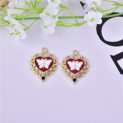 Golden Alloy Pendants, with Enamel, Heart with Butterfly, Golden, 33x25mm