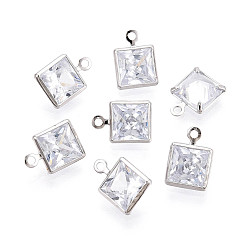 Платина Подвески из латуни с прозрачным фианитом, квадратных амулеты, платина, 9x7x2 мм, отверстие : 1 мм