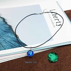 Водолей Ожерелья из цинкового сплава и светящегося синего стекла с подвеской в виде созвездия, черные вощеные шнуры, платина, Водолей, 15.75 дюйм (40 см)