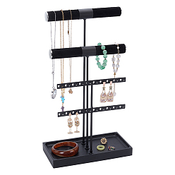 Черный 4 Многоуровневые деревянные и бархатные подставки для украшений, органайзер для украшений с поддоном для часов, Браслет, Серьги, чёрные, 240x120x420 мм