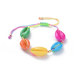Colorful Adjustable Braided Bead Bracelets, with Spray Paint Cowrie Shell Beads, Golden Plated Brass Beads and Nylon Thread, Colorful, 3.5~9.6cm